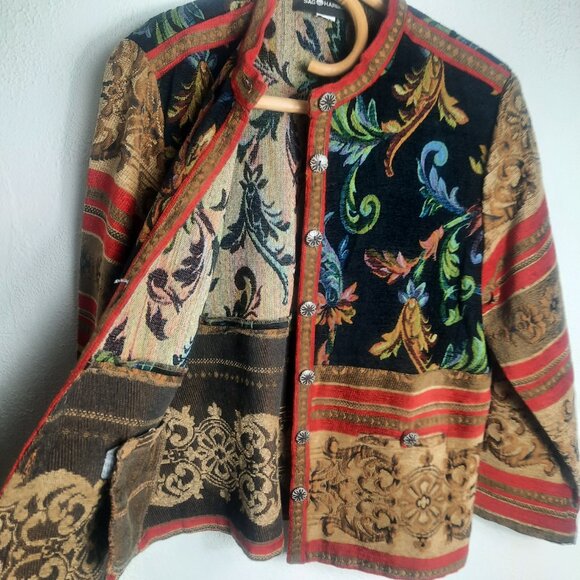 Vintage Sag Harbor Tapestry Jacket Womens 14? Paisley Button Up Navy Red Gold - Picture 3 of 8